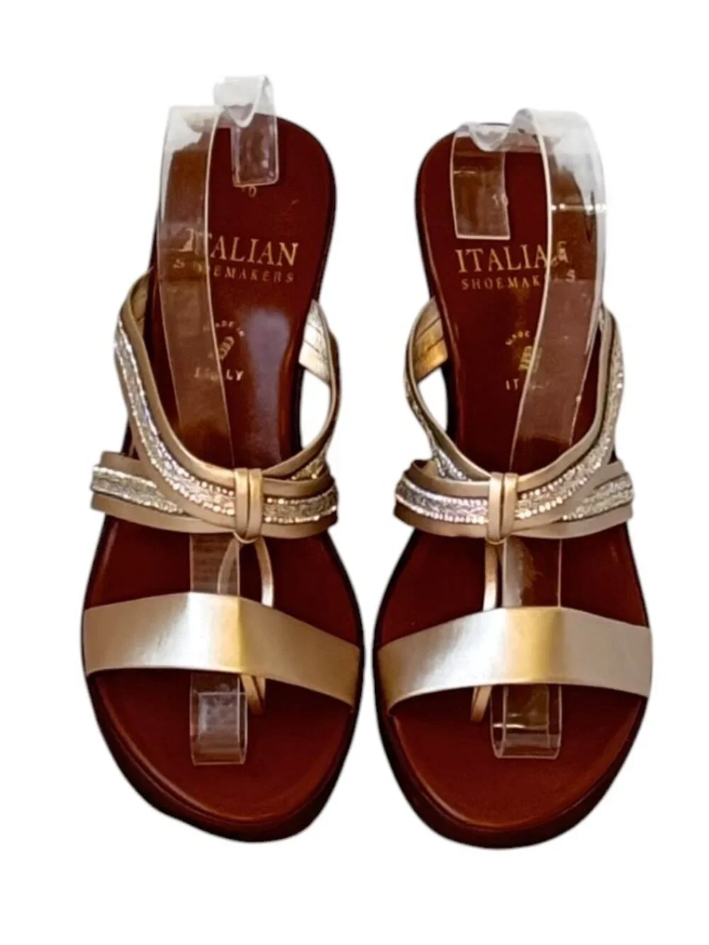 Italian Shoemakers Wedge Sandals have Gold Embellished Strap Design Thong 10